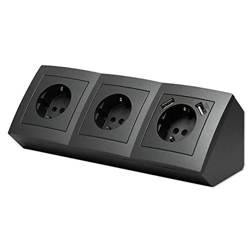 Möbel-Steckdose 3-fach mit 2x USB in Anthrazit für Küche und Büro - Mehrfachsteckdose vertikale und horizontale Montage als Tischsteckdose und Küchensteckdose - Ecksteckdose Steckdosenleiste