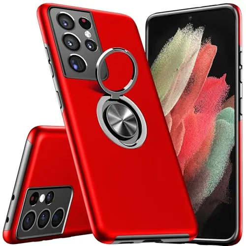 KRAFTCARE Hülle für Samsung Galaxy S21 Ultra, Handyhülle mit Eingebetteter 360° Grad Ring, Magnetische Schutzhülle TPU Stoßfest Cover Case für Samsung S21 Ultra 5G, Rot