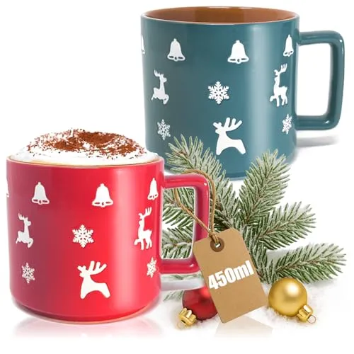 com-four® 2x Weihnachtlicher Kaffeebecher XL aus Porzellan 450 ml - Grün und Rot - Festliche Tasse mit Weihnachtsmotiv - Christmas Coffee Cup - Zweifarbige Weihnachtstasse (Weihnachtsmotive - 450ml)