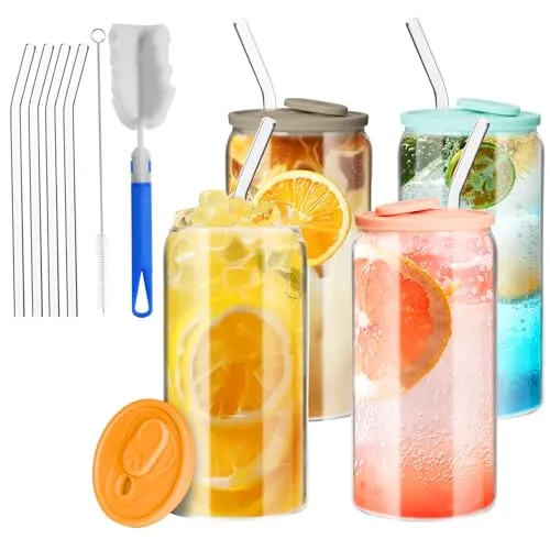 4et Glas mit Deckel und Strohhalm, 500 ml Trinkgläser mit deckel, Farbige Silikondeckel,Dosenförmige Glasbecher, Geeignet für Eiskaffeetassen, Limonaden, Smoothies, Bier, Cocktails