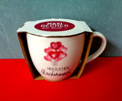 Maxi Becher HERZLICHEN GLÜCKWUNSCH Kaffeebecher Porzellan Teebecher 400ml La Vid