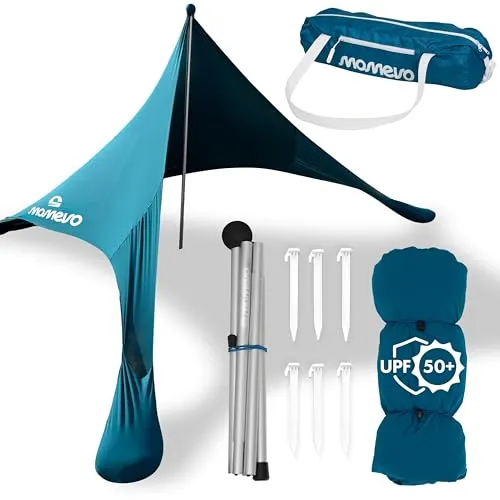 MOMEVO - Sunsail Couple in Love Strandzelt - UV-Schutz Sonnensegel für 2 Personen (Petrolblau) - Strandmuscheln mit zertifiziertem UV-Schutz UPF50+, robust und leicht, ideal für Strand, Park oder Badesee, in Sekunden auf- und abbaubar.