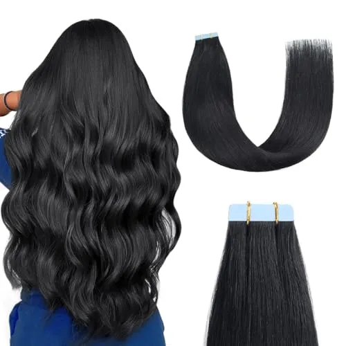 Sunya Tape Extensions Echthaar Tiefschwarz Tape In Extensions Echthaar Natürliche Echthaar Haarverlängerungen Invisible Seidig Gerade Skin Weft Tape Ins Hair Extensions 35cm 20 Stück 40g/Pack