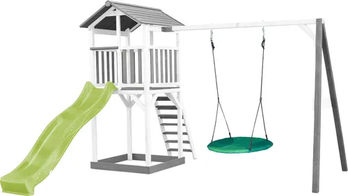 AXI Beach Tower Spielturm aus Holz in Weiß & Grau | Spielhaus für Kinder mit hellgrüner Rutsche, Nestschaukel und Sandkasten | Stelzenhaus für den Garten