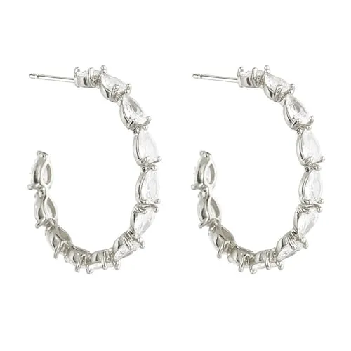 LÖB 750er Weißgold Vergoldet Creolen Tropfen Zirkonia Halbrund Ohrringe Hängend silber weiß, Damen 18 Karat Ohrstecker Ring Glitzer Steine Modern Elegant Brautschmuck