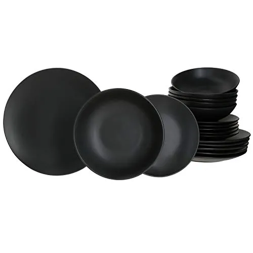 MamboCat Lampart Nero 18-TLG. Teller-Set - Tafelservice für 6 Personen im modernen Ethno-Stil, aus hochwertigem Steingut in elegantem matt-schwarz – perfekt für stilvolle Dinner und besondere Anlässe.