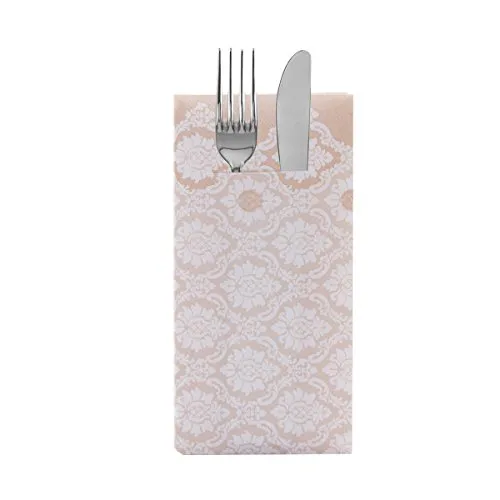 Sovie HORECA Airlaid Besteckserviette MANDY in Hellbraun – 40 x 40 cm, 1/8 Falz, 100 Stück – mit patentiertem Besteckschlitz – Ornament-Blütendesign - Ideal für Gastronomie & Events