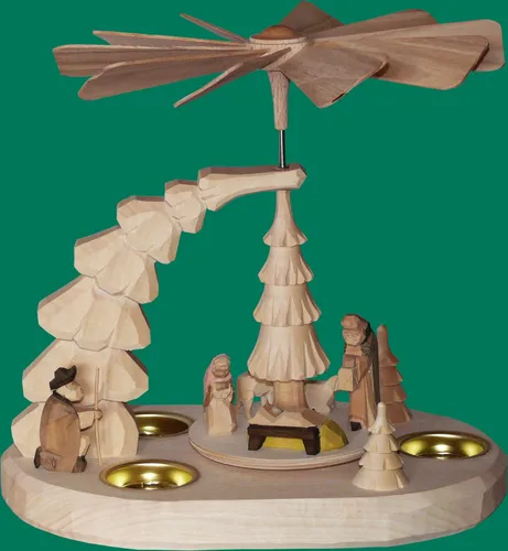 Tischpyramide Teelichter natur Christi Geburt geschnitzt 23 cm Krippenfamilie