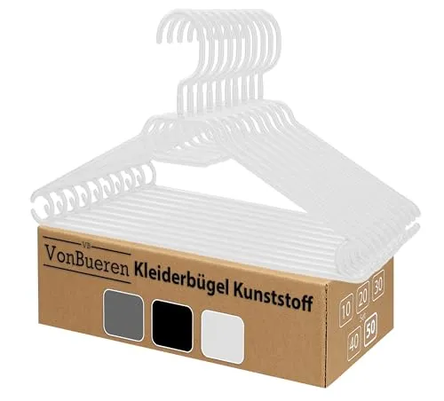 Kleiderbügel weiß Plastik VonBueren | mit 360° Drehhaken | platzsparend | 100% Recyclingkunststoff | hergestellt in der EU | ca. 40,5 x 21 cm 50 x