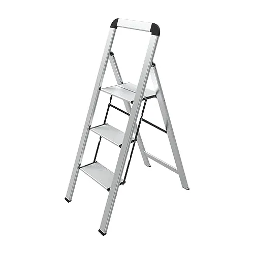 Mephisto Trittleiter 3-Stufen Aluminium - Leiter für Haushalt mit 150 kg Tragkraft, platzsparend und sicher durch Anti-Rutsch Trittflächen.