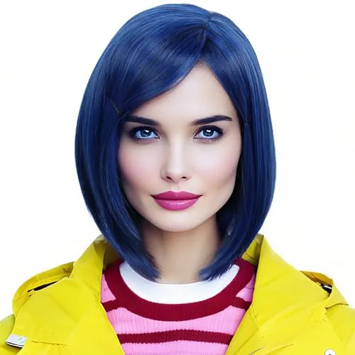 Linfairy Damen kurze blaue Perücke mit Pony Halloween Kostüm Cosplay Perücke