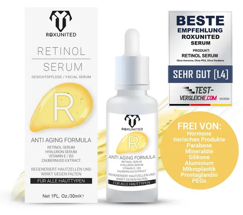 ROXUNITED Gesichtsserum Retinol-Serum, Anti-Aging, 30 ml - Serum für jugendliche Haut mit hochwirksamem Retinol, das die Zellerneuerung anregt, Falten reduziert und die Hautelastizität verbessert.