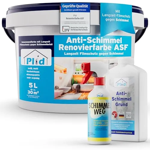 Plid® Anti Schimmel Renovierfarbe Innen Weiß 5L - Effektive Antischimmelfarbe für Bad & Küche - Farben: Langzeitschutz gegen Schimmelbefall für ein gesundes Raumklima – ideal für feuchte Räume und schnelle Renovierungen.