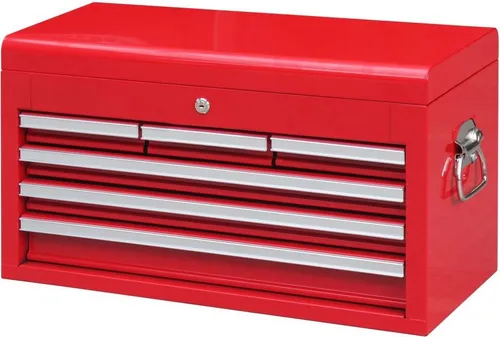 Große Werkzeugkiste mit 6 Schubladen, rot - Hochwertige Werkzeugkiste aus pulverbeschichtetem Metall mit 6 kugelgelagerten Schubladen. Ideal für Ordnung in der Werkstatt, komplett verschließbar und inklusive herausnehmbarer Werkzeugablage.