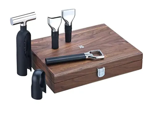WMF Sommelier Weinset 5tlg - Korkenzieher & Flaschenverschluss in edler Walsnussholzbox - Wein-Accessoires Set in hochwertiger Walsnussholzbox, ideal für Weinliebhaber und perfekte Geschenke.
