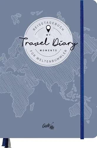 GuideMe Reisetagebuch Travel Diary „Welt“: Tagebuch zum Ausfüllen mit freien Seiten, Sammeltasche, Stickerbogen & 3 Lesebändchen