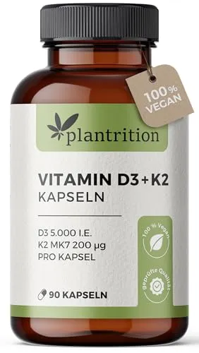 plantrition Vitamin D3 K2 Kapseln Vegan 5000 IE + 200mcg Vitamins K2 MK7 – Vitamin D3 aus Flechten – 90 Kapseln – Verpackung kann variieren