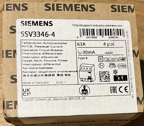 Siemens FI TYP B KURZZEIT 4P 63A/30MA - SIEMENS 5SV3346-4 - Fehlerstrom-Schutzeinrichtung für industrielle Anwendungen, schützt zuverlässig Frequenzumrichter und medizinische Geräte vor gefährlichen Fehlerströmen.