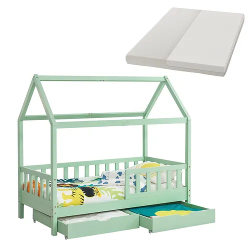 Juskys Kinderbett Marli 80 x 160 cm - Modernes Hausbett in Mint mit Matratze und Bettkasten - Betten: Das Kinderbett Marli (160x80 cm) bietet einen sicheren Rausfallschutz, Stauraum im Bettkasten und ist perfekt für Kinder von 3 bis 10 Jahren. Ein stylisches Möbelstück für jedes Kinderzimmer!