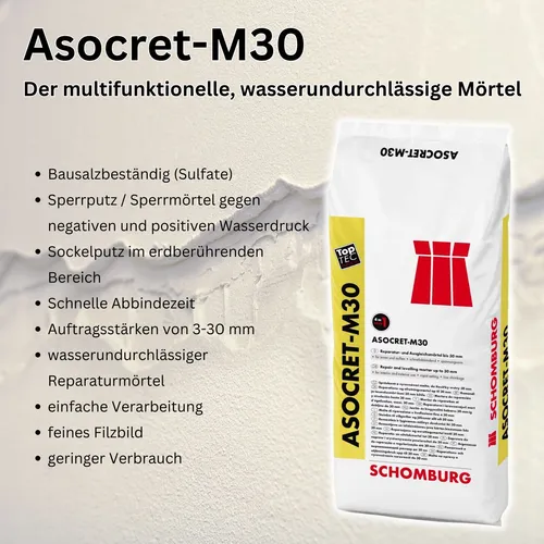 Schomburg ASOCRET-M30 - Sperrputz, Dichtputz, Hohlkehlendichtmörtel, Sockelputz
