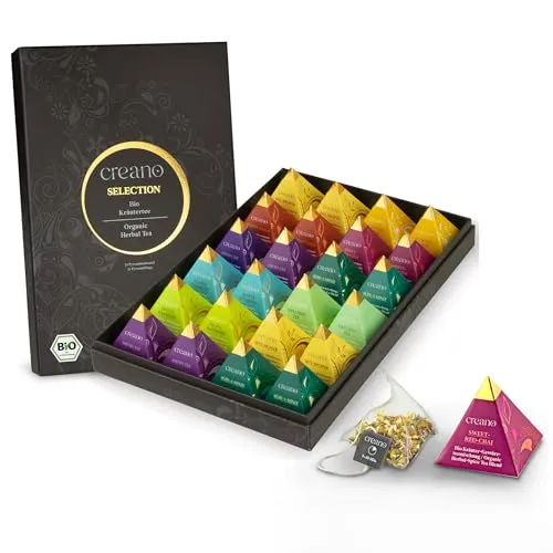 Creano Premium Bio Kräutertee Geschenkset „ORGANIC HERBAL TEA“ - 24 Pyramiden-Teebeutel - Tee-Geschenkideen mit 9 einzigartigen Bio-Teesorten, perfekt als Geschenk für jeden Anlass und ideal für heiße oder kalte Genussmomente.