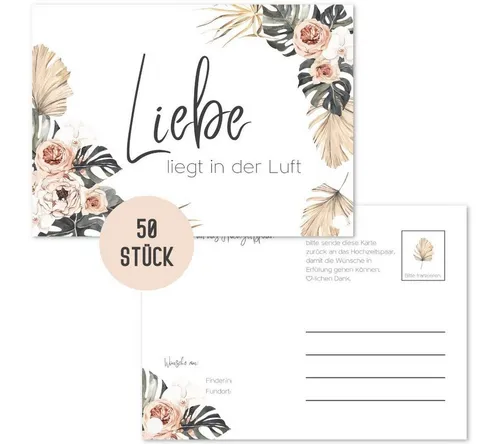 Things of Happiness Grußkarten 50 Stück Ballonkarten Hochzeit, Ballonflugkarten als Hochzeitsspiel, im Boho Stil, Postkarten Luftballons, extra leicht