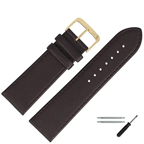 MARBURGER Uhrenarmband 28mm Leder Braun Gold Glatt Mit Naht - Montage Set 7592831000220