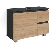 Vicco Waschbeckenunterschrank J-Shape, Anthrazit/Eiche - Waschbeckenunterschrank in Sonoma-Optik, mit 3 Fächern, 2 Schubladen und 1 Scharniertür, ideal für Ordnung im Badezimmer.