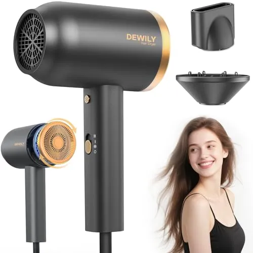 DEWILY Ionen Haartrockner 1800W Föhn mit Diffusor Konzentratoren Halterung,Schnelltrocknen Haarföhn,3 Temperaturen, 2 Geschwindigkeiten,Ideal für Zuhause,Salons und Reisen,Schwarz und Gold