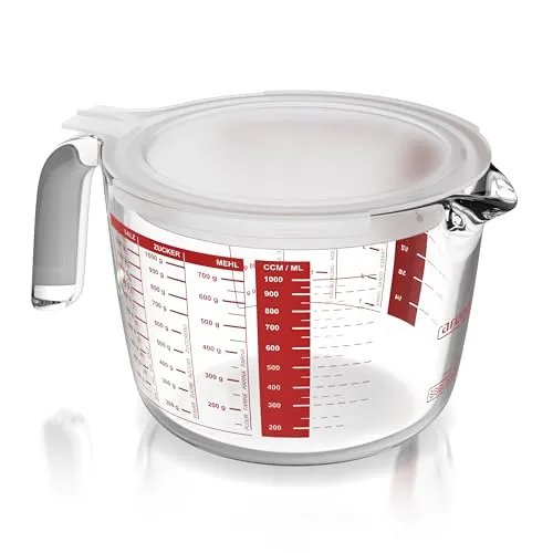 Arendo – Messbecher Glas 1l – 1000 ml - Messkrug Borosilikatglas - hitzebeständiges Glas – Mikrowellen geeignet - präzise Skala