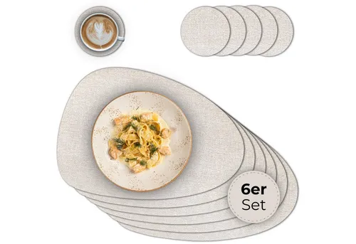 matches21 HOME & HOBBY Platzset Ovales Tischset mit Glasuntersetzer, 6er Set, in Beige meliert, (6-St), Hitzebeständige abwaschbare PVC Platzsets