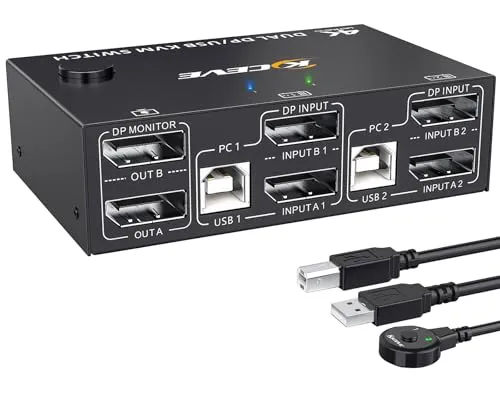 YOUTINGHDAV KVM Switch 2 PC 2 Monitore Displayport 1.4, USB KVM Switch Dual Monitor Displayport 4K@144Hz für 2 PC Teilen 4 USB Geräte Tastatur, Maus, mit Wired Remote und Kabels