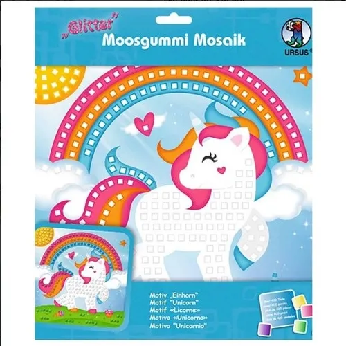 BASTELMAPPE MOOSGUMMI MOSAIK GLITTER BILD EINHORN BASTELN NEU
