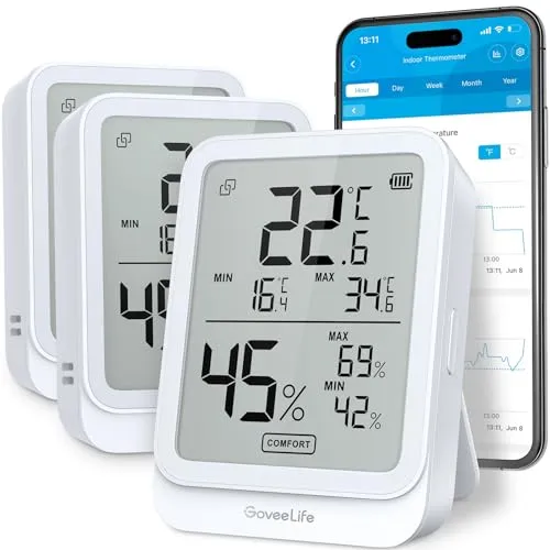 GoveeLife Digitales Thermometer Hygrometer Innen, Bluetooth LCD luftfeuchtigkeitsmesser mit Benachrichtigungsalarm, Temperaturüberwachung mit App, Datenspeicherung für Gewächshaus Weinkeller, 3er Pack