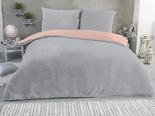 MALIKA Winter Plüsch Wendebettwäsche Nicky-Teddy 'Cashmere Touch' 135-155 - 200x200 Coral Fleece, Farbe:Silber-ROSA, Größe:135 x 200 cm