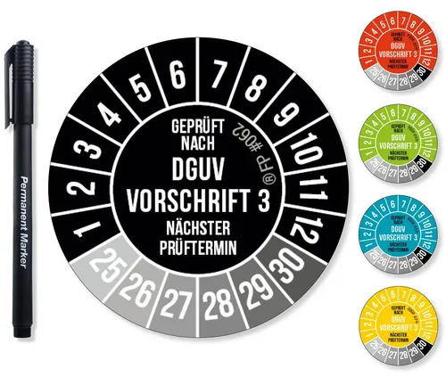 Frank Paperman Aufkleber DGUV V3 Prüfplaketten 20-30 mm Ø inkl. Folienstift, Prüfplaketten, (300tlg), Nächster Prüftermin, UV-beständig, Hohe Klebkraft