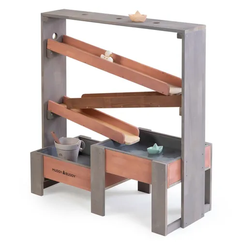 Muddy Buddy Wasserbahn Aqua Tower - warmgrau-puderrosa, 100 x 44 x 105 cm - Outdoor-Spielzeug für stundenlangen Wasserspaß im Garten, fördert die Kreativität und motorischen Fähigkeiten der Kinder.