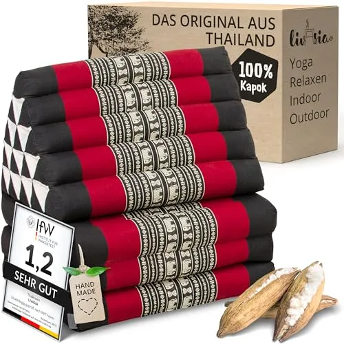 livasia Thaikissen 3 Auflagen extrahoch - 185x55x8cm - Faltbares Dreieckskissen für Komfort und Entspannung (Schwarz/Elefanten) - Erlebe entspannte Momente mit dem livasia Thaikissen. Die extrahohe Rückenstütze und die praktische Klappmatratze bieten vielseitigen Komfort für Meditation, Yoga und mehr. Handgefertigt aus natürlichen Materialien für ein gemütliches Ambiente.