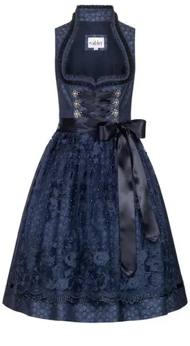 Nübler Dirndl midi Damen CORO Blau - 2-teilig Set - Dirndl für Damen, hochwertiges 2-teiliges Set mit elegantem Herz-Ausschnitt und bezauberndem Ornamentenmuster, ideal für Oktoberfest und festliche Anlässe.