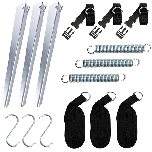 Sturmband Set Spanngurte 3x6 m mit Spannfeder - Heringe für Vorzelte, bietet optimale Sturmsicherung mit 3 robusten Spanngurten und Stahlheringen für zusätzliche Stabilität beim Camping.