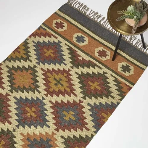 Homescapes Wollteppich Lucea – Handgewebter Juteteppich mit Kelim-Muster - Kurzflor-Teppich aus 75 % Jute und 25 % Wolle, handgewebt mit buntem Kelim-Muster. Ideal für stark beanspruchte Bereiche und sorgt für eine wohnliche Atmosphäre.