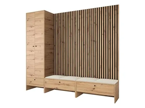 Mirjan24 Garderoben-Set Melire VI, Schuhschrank Kleiderschrank Lamellen Paneel mit 12 Kleiderhaken Gepolstertes Paneel/Wandpaneel Kleiderstange Wandgarderobe Flurgarderobe (Eiche Artisan, Manila 02)