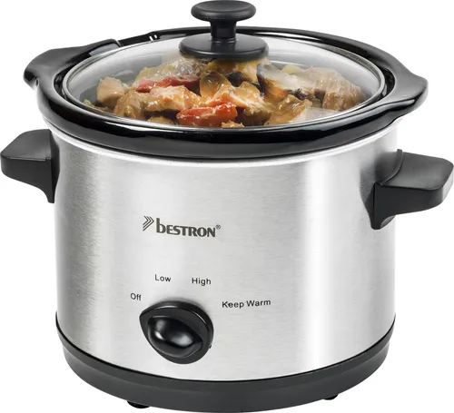 Bestron Slowcooker für 2 Personen - Dampfgarer mit 1,5 l Keramikpfanne, ideal für kleine Haushalte. Schonendes Garen von Fleisch, Gemüse und Suppen bei niedrigen Temperaturen für maximalen Geschmack und Nährstoffe.