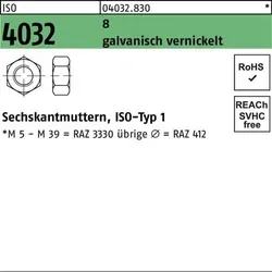Sechskantmutter ISO 4032 M 5 x 0,8 - 1000 Stück, galvanisch vernickelt - Hochwertige Sechskantmuttern ISO 4032 aus Stahl, ideal für vielseitige Anwendungen. Korrosionsschutz durch galvanische Vernickelung.