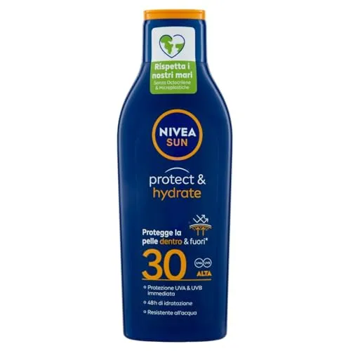 NIVEA SUN Protect & Hydrate Sonnenmilch SPF30 200 ml, Sonnencreme 30, spendet 48h Feuchtigkeit, Sonnenschutz 30, wasserfest mit Antioxidans Vitamin E