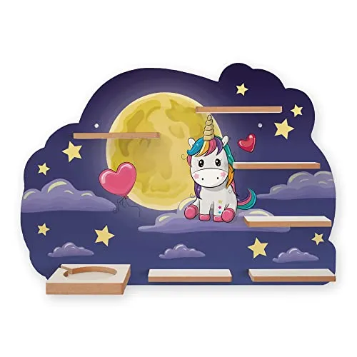 Regal „Magisches Einhorn“ für Toniebox und Tonies - Bezauberndes Kinderzimmerregal aus strapazierfähigem MDF mit 40 Metallplättchen zur flexiblen Befestigung der Tonie-Figuren; fördert Ordnung und Übersichtlichkeit im Kinderzimmer.