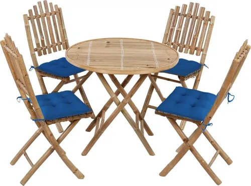 vidaXL 5-tlg. Klappbare Garten-Essgruppe mit Kissen aus Bambus - Gartenmöbel-Set aus robustem, witterungsbeständigem Bambus mit bequemen, wasserfesten Kissen. Ideal für entspannte Mahlzeiten im Freien und platzsparend klappbar.
