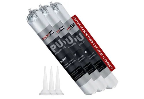 DICHTON Dichtstoff D.35W PU Abdichtung Fugendichtmasse, kunstharzgebunden, gebrauchsfertig, (elastische 1K Polyurethan Fugenabdichtung, Haftung auf Beton, Fliesen, Alu, Stahl, Glas, Kunststoff ©, 3-tlg., PU Abdichtung & Klebstoff), Dichtstoff in grau UV-stabil & lösemittelfrei