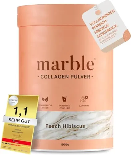 marble® Collagen Pulver 500 g - Peach Hibiscus - Kollagen-Präparate, hochdosierte Collagenpeptide für strahlende Haut, 60 Tage risikofrei testen, praktische Pappdose ohne Plastik.