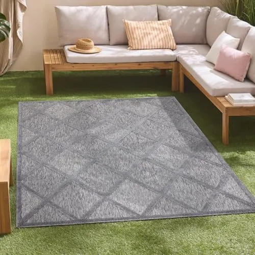 carpet city In-& Outdoor Teppich 140x200 cm - Wetterfester Teppich für Innen- und Außenbereich, ideal für Terrasse oder Balkon. Mit 3D-Effekt in Anthrazit für einen modernen Look und pflegeleichtes Material.